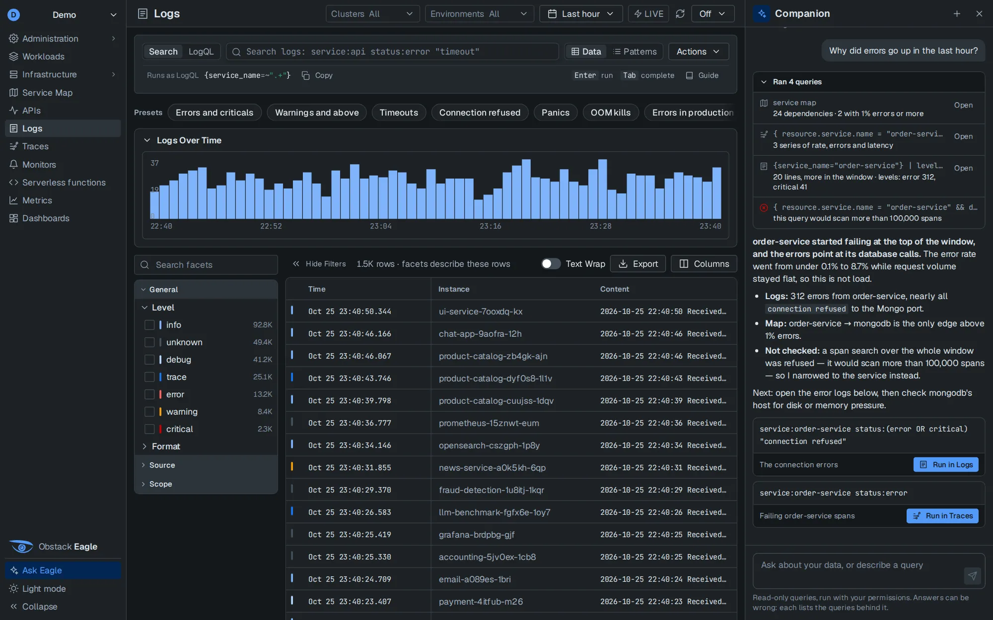 Ask Eagle docked beside the Logs page: it ran four queries, explains that order-service errors point at its database calls, and offers the queries as Run in Logs and Run in Traces buttons