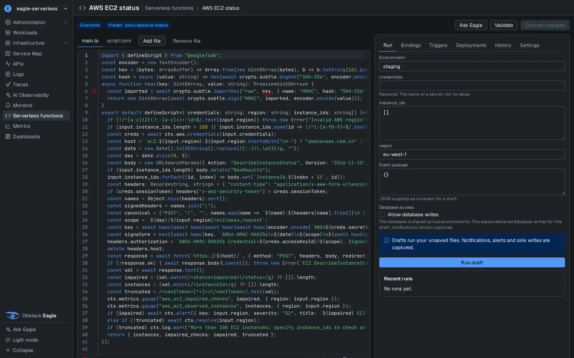 The function workspace in Eagle: the AWS EC2 status function's main.ts in a code editor, with the Run panel for drafts beside it