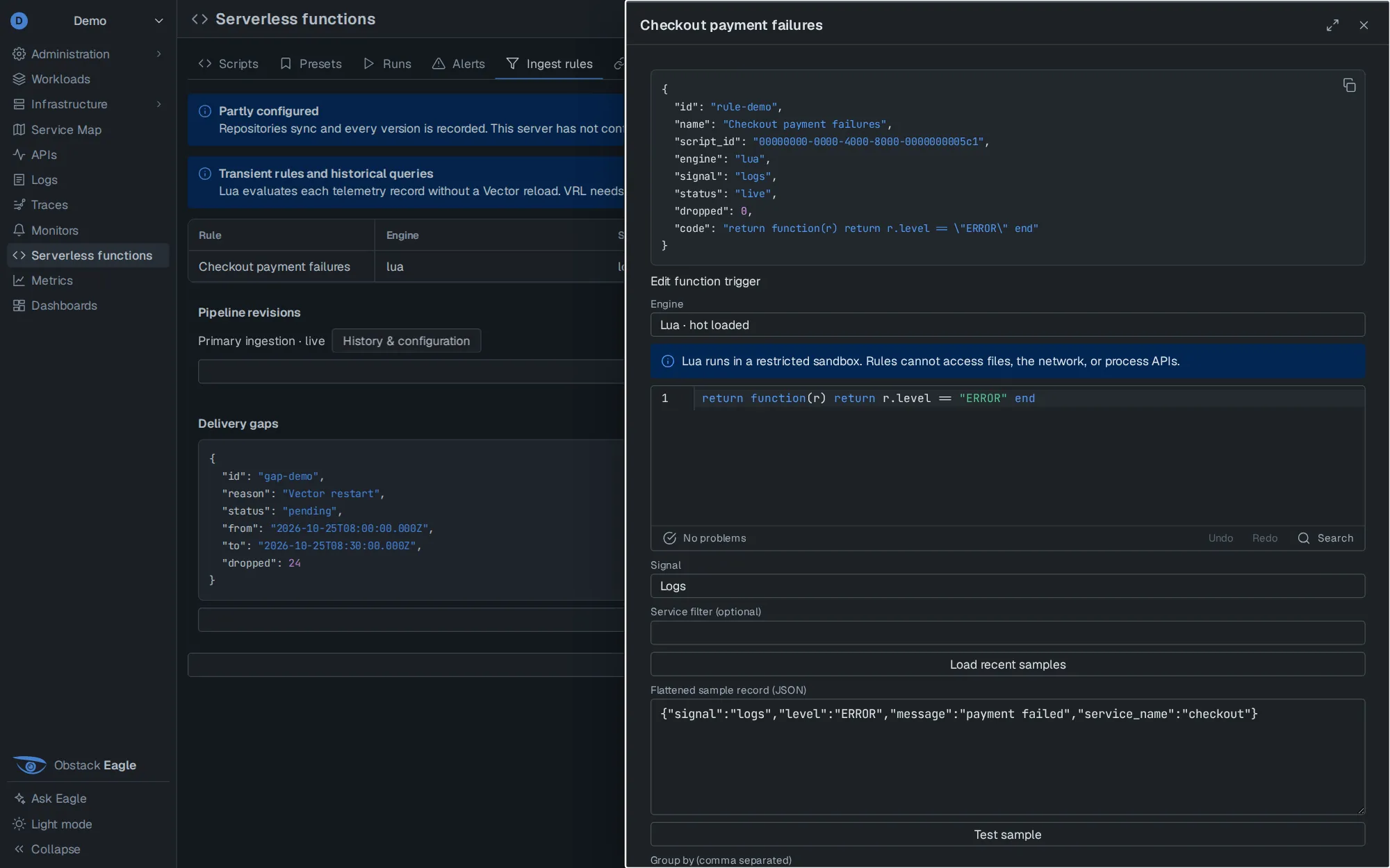 An ingest rule drawer: a Lua predicate in a sandboxed editor, tested against a flattened sample log record